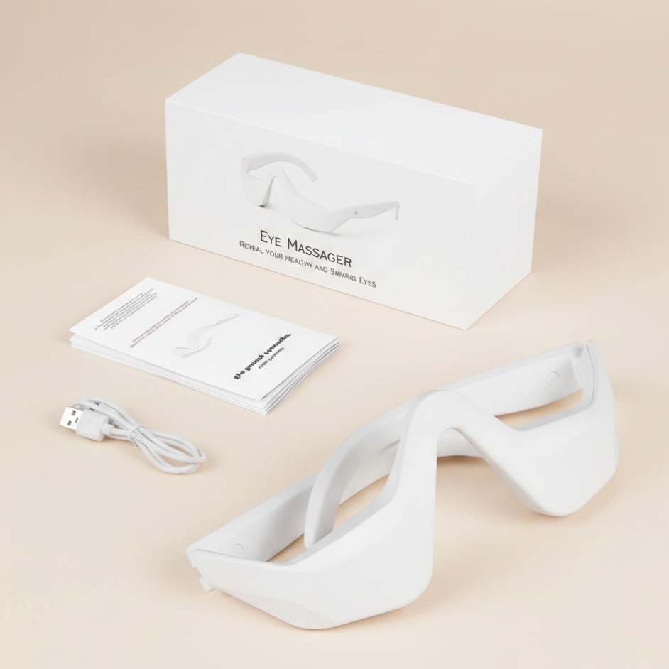 White eye massager with packaging, user manual, and USB cable on a beige background