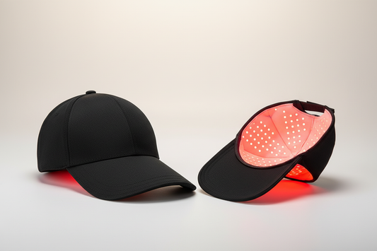 180-LED Infrared Hair Growth Cap exterior and interior view on premium cream background